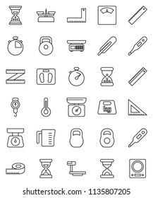 thin line vector icon set - measuring cup vector, scales, corner ruler, sand clock, stopwatch, weight, big, thermometer, store, kitchen