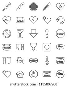 thin line vector icon set - sieve vector, arrow down, heart pulse, prohibition sign, cross, attention, glass, rec button, thermometer, vial, undo, stop, sale signboard, low price, love home, new