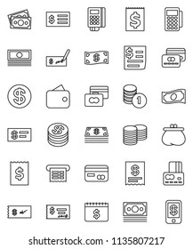 thin line vector icon set - credit card vector, cash, coin stack, check, receipt, dollar calendar, money, wallet, reader, tap pay