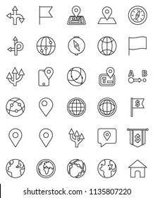 thin line vector icon set - compass vector, world, flag, dollar, route, navigator, earth, map pin, traking, internet, connection, globe, arrow, home