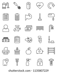 thin line vector icon set - plunger vector, vacuum cleaner, toilet brush, sprayer, paper, skimmer, apple fruit, clipboard, bank building, heart pulse, stadium, muscule hand, traking, no hook, redo
