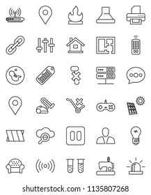 thin line vector icon set - map pin vector, no trolley, hook, flammable, barcode, settings, remote control, pause button, vial, pregnancy, bandage, network server, cloud glass, message, chain, house