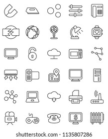 thin line vector icon set - table lamp vector, notebook pc, magnet, monitor dollar, molecule, heart, navigator, gamepad, video camera, classic phone, connection, network, cloud, equalizer, router