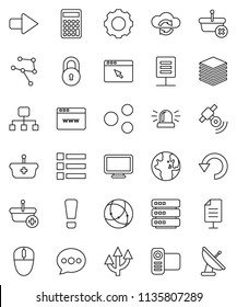 thin line vector icon set - world vector, calculator, satellitie, video camera, connection, network, cloud exchange, big data, browser, gear, share, message, arrow, undo, hierarchy, route, document
