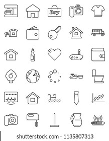 thin line vector icon set - mop vector, toilet, jug, oil, school bus, graph, wallet, tie, earth, port, camera, heart, diagnostic monitor, router, home, loading, house, cottage, pool, fruit tree, key