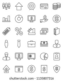 thin line vector icon set - graph vector, pie, manager, case, investment, dollar growth, coin stack, receipt, target, man, binder, arrow up, medal, personal information, tie, safe, calendar, monitor