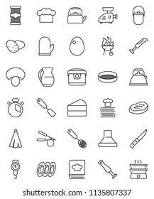 thin line vector icon set - camping cauldron vector, kettle, scales, cook hat, glove, towel, timer, press, skimmer, spatula, knife, cookbook, bbq, plates, jug, sieve, egg, pasta, mushroom, potato