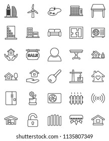 thin line vector icon set - house hold vector, chalet, pond, windmill, barn, fence, plan, sale signboard, apartments, office building, consumer, key, unlock, table, cushioned furniture, love home