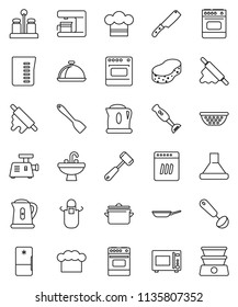 thin line vector icon set - sponge vector, sink, pan, kettle, colander, measuring cup, cook hat, apron, spatula, ladle, knife, rolling pin, meat hammer, microwave oven, spices, blender, dish, fridge