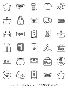 thin line vector icon set - receipt vector, gift, dollar coin, wallet, cash, star, sale, new, open, store, customer, buy, card reader, basket, auction, delivery, catalog, loudspeaker, lock, check