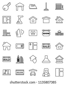 thin line vector icon set - plunger vector, mop, window cleaning, welcome mat, iron, steaming, shining, cleaner woman, school building, university, dry cargo, warehouse, home, house, garage, plan