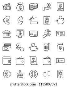 Thin Line Vector Icon Set - Certificate Vector, Bank, Japanese Candle, Credit Card, Wallet, Money Bag, Piggy, Investment, Coin Stack, Check, Building, Search, Dollar Medal, Monitor, Cursor, Cent