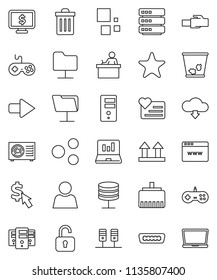 thin line vector icon set - trash bin vector, student, laptop graph, monitor dollar, cursor, heart, top sign, gamepad, favorites, hdmi, server, network folder, big data, browser, lan connector, user