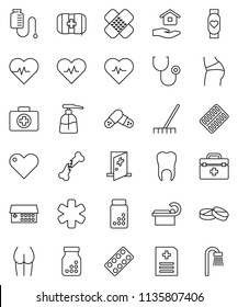 thin line vector icon set - rake vector, liquid soap, house hold, heart pulse, pills vial, buttocks, monitor, first aid kit, doctor bag, ambulance star, broken bone, patch, stethoscope, bottle, bath