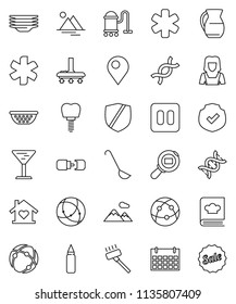 thin line vector icon set - vacuum cleaner vector, plates, woman, colander, ladle, cookbook, jug, punching bag, calendar, glass, protected, cargo search, internet, pause button, ambulance star, dna