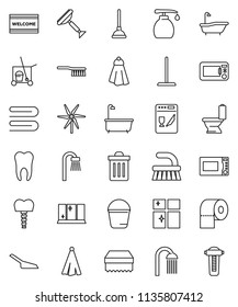 thin line vector icon set - plunger vector, scraper, cleaner trolley, fetlock, mop, scoop, bucket, sponge, towel, trash bin, welcome mat, bath, toilet, liquid soap, shining window, paper, shower