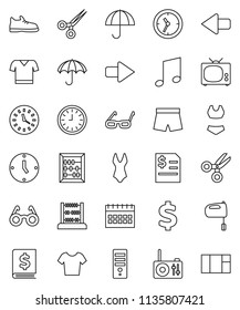 thin line vector icon set - mixer vector, glasses, scissors, abacus, music, annual report, clock, calendar, dollar sign, snickers, shorts, swimsuite, t shirt, umbrella, arrow, tv, computer, radio