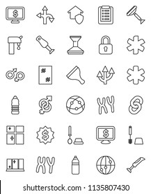 thin line vector icon set - scraper vector, car fetlock, window cleaning, toilet brush, shining, blender, dollar medal, monitor, water bottle, route, internet, ambulance star, gender sign, chain