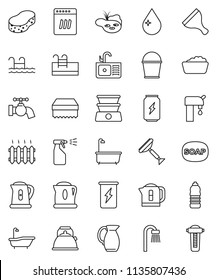 thin line vector icon set - soap vector, scraper, bucket, sponge, water drop, tap, bath, foam basin, sprayer, sink, kettle, jug, enegry drink, bottle, pond, pool, supply, heating, dishwasher, filter