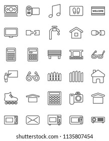 thin line vector icon set - welcome mat vector, microwave oven, blackboard, glasses, calculator, music, roller Skates, money, dry cargo, film frame, monitor, mail, home, bench, connection, fence