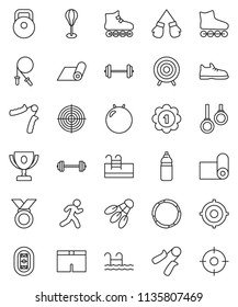 thin line vector icon set - award cup vector, target, barbell, weight, jump rope, hand trainer, punching bag, fitball, snickers, boxing glove, shorts, roller Skates, medal, water bottle, fitness mat