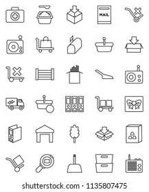 thin line vector icon set - scoop vector, washing powder, cereal, pasta, archive, binder, first aid kit, wood box, cargo, no trolley, warehouse, package, search, radio, mailbox, relocation truck