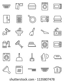 thin line vector icon set - scraper vector, broom, vacuum cleaner, fetlock, scoop, sponge, steaming, drying clothes, washer, sink, pan, colander, grater, microwave oven, fridge, iron, dishwasher