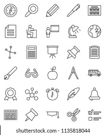 thin line vector icon set - graduate hat vector, pen, pencil, blackboard, drawing compass, glasses, student, apple fruit, bell, table lamp, calculator, alarm clock, schedule, clipboard, paper pin