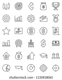 thin line vector icon set - graduate hat vector, award cup, certificate, graph, pie, japanese candle, money bag, dollar growth, bank building, target, medal, cent sign, stairways run, top, favorites