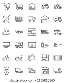 thin line vector icon set - school bus vector, bike, Railway carriage, plane, traffic light, ship, truck trailer, sea container, delivery, car, port, consolidated cargo, warehouse, amkbulance