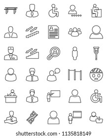 thin line vector icon set - blackboard vector, student, manager, man, personal information, horizontal bar, stairways run, client, speaking, group, disabled, doctor, crutches, head bandage, user