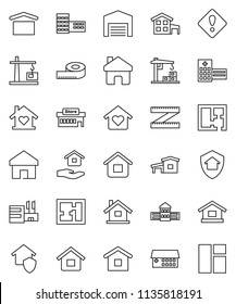 thin line vector icon set - house hold vector, school building, measuring, dry cargo, hospital, home, attention sign, cottage, barn, plan, love, construction crane, protect, mall, window