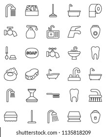 thin line vector icon set - soap vector, water tap, fetlock, mop, sponge, car, bath, toilet brush, liquid, paper, shower, sink, tooth, epilator
