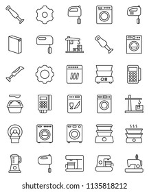 thin line vector icon set - washer vector, washing powder, mixer, double boiler, blender, tomography, gear, construction crane, card reader, dishwasher, coffee maker, sewing machine