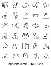 thin line vector icon set - student vector, manager, man, horizontal bar, stairways run, client, speaking, social media, group, doctor, gender sign, head bandage, medical room, share, login