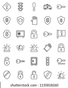 thin line vector icon set - rubber glove vector, dollar shield, safe, attention, traffic light, amkbulance car, lock, unlock, key, sign, siren, home protect, password