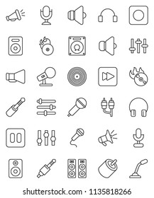 thin line vector icon set - disk vector, music hit, microphone, speaker, loudspeaker, settings, headphones, pause button, forward, rec, rca, jack, equalizer