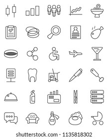 thin line vector icon set - soap vector, cleaner trolley, clothespin, cleaning agent, sink, whisk, sieve, dish, chicken leg, pen, personal information, graph, japanese candle, man, molecule, hoop