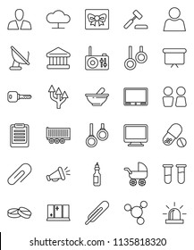 thin line vector icon set - shining window vector, water closet, oil, clipboard, molecule, bank, presentation board, pills, gymnast rings, truck trailer, thermometer, vial, mortar, cloud network, tv