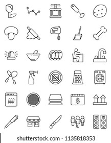 thin line vector icon set - scoop vector, sponge, washer, sprayer, plates, water tap, cook press, whisk, knife, rolling pin, grater, sieve, mushroom, potato, student, pen, constellation, man, bone