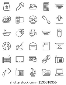 thin line vector icon set - cleaner trolley vector, steaming, bath, toilet paper, colander, whisk, plates, copybook, world, calculator, heart monitor, phone, ship, warehouse, package, microphone, tv