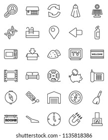 thin line vector icon set - broom vector, scoop, towel, welcome mat, cleaning agent, garbage pile, compass, magnet, piggy bank, clock, phone, film frame, spool, tv, dna, hospital building, arrow