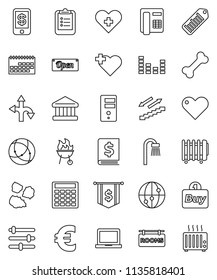 thin line vector icon set - garbage pile vector, bbq, notebook pc, clipboard, bank, annual report, calculator, dollar flag, euro sign, stairways run, heart cross, bone, route, calendar, barcode, buy