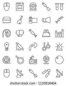 thin line vector icon set - broom vector, sponge, steaming, sink, pan, kettle, whisk, spatula, rolling pin, hand trainer, fitball, boxing glove, gymnast rings, satellite antenna, film spool, vial