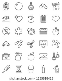 thin line vector icon set - liquid soap vector, diet, measuring, stopwatch, clipboard, hand trainer, punching bag, fitball, buttocks, molecule, stairways run, breads, no alcohol sign, heart cross