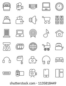 thin line vector icon set - plates vector, kettle, scales, mixer, notebook pc, music, clock, target, speaker, video camera, mobile phone, headphones, hdmi, globe, cushioned furniture, building, cart