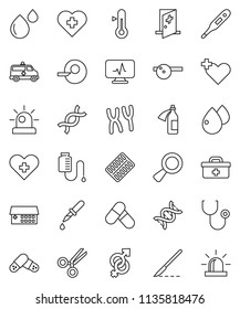 thin line vector icon set - thermometer vector, pills, heart cross, doctor bag, gender sign, dna, magnifier, insemination, dropper, scissors, scalpel, stethoscope, blister, eye hat, chromosomes
