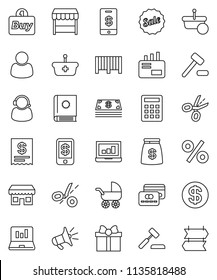 thin line vector icon set - laptop graph vector, gift, credit card, dollar coin, cash, money bag, sale, percent, market, store, customer, support, buy, barcode, receipt, basket, calculator, auction