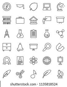 thin line vector icon set - graduate hat vector, pen, blackboard, drawing compass, case, atom, bell, table lamp, notebook pc, medal, magnet, scissors, presentation, music, world, archive, molecule