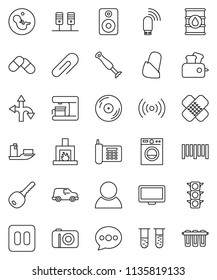 thin line vector icon set - route vector, traffic light, phone, ship, car, oil barrel, barcode, disk, monitor, speaker, pause button, vial, pregnancy, patch, pills, bandage, server, usb modem, key